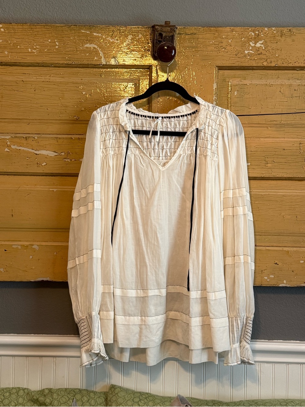 Boho White Peasant Blouse with Tie Neck
